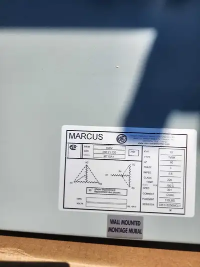 Marcus MT10A1  NEWTransformer 10KVA, Primary 600V Sec 208Y/120V,, View more