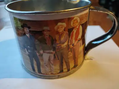 Ponderosa collectible tin cup. Excellent condition. Featuring Adam, Little Joe, Hoss, and Lorne Gree...