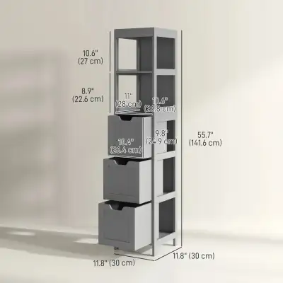 Grey Tall Narrow Bathroom Cabinet 3 Drawers and 2 Tier Shelf, View more
