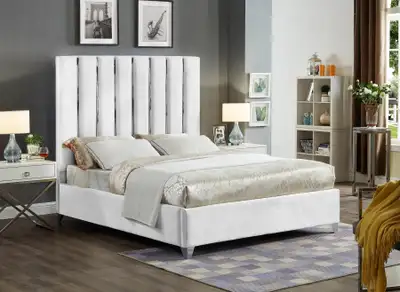 Chrome Channel Design Bed – Velvet White Upholstery Queen/King., View more