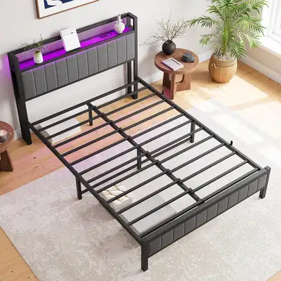 Double Bed Frame w Lights, Upholstered/No Box Spring Needed,, View more