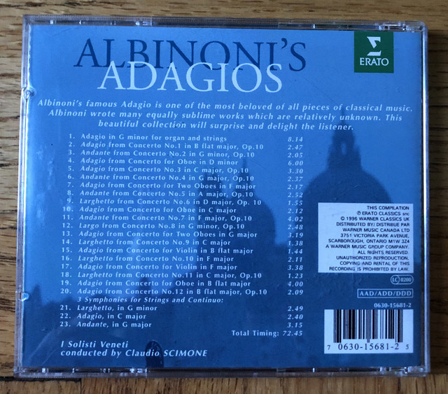 CD ALBINONI' S ADAGIOS dans CD, DVD et Blu-ray  à Longueuil/Rive Sud - Image 3