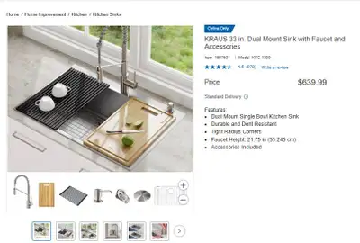CostCo KRAUS 33" - Dual Mount Sink with Faucet Accessories -New, View more