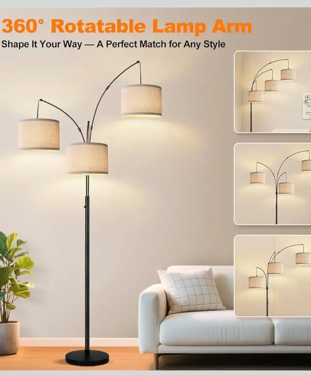 Modern 3-Light Arc Floor Lamp – Matte Black with Linen Shades in Indoor Lighting & Fans in Oshawa / Durham Region - Image 6