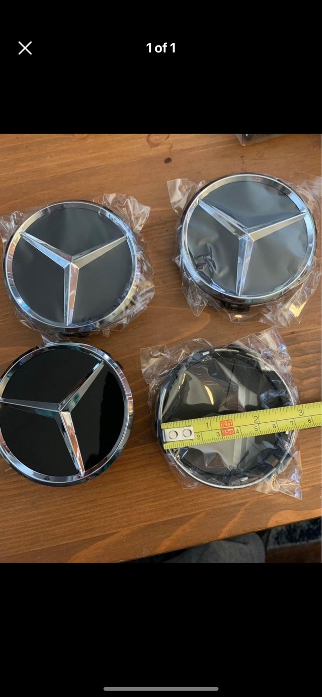  Black and chrome, 75 mm Mercedes centre caps for rims in Tires & Rims in Hamilton