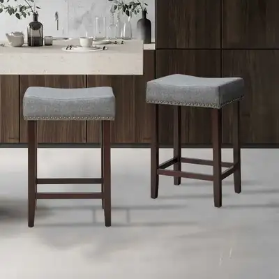 Costway Set of 2 Nailhead Saddle Bar Stools 24'' Height w/ Fabric Seat & Wood Legs Gray Specificatio...