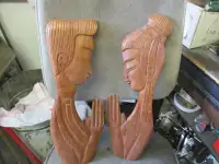 1970s TEAK CARVED WOOD MAN WOMAN WALL PLAQUES $5 EA.