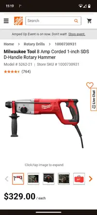 Milwaukee Tool 8 Amp Corded 1-inch SDS D-Handle Rotary Hammer