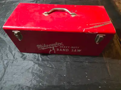 Vintage Milwaukee Heavy Duty Band Saw Carrying Case. Original red steel tool case with handle on top...