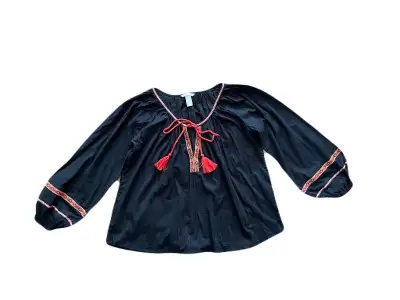 H&M women’s 6 embroidered peasant blouse, boho, black orange red, View more