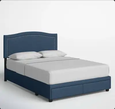 Moving Sale - Dark Blue Upholstered Bed Frame, View more