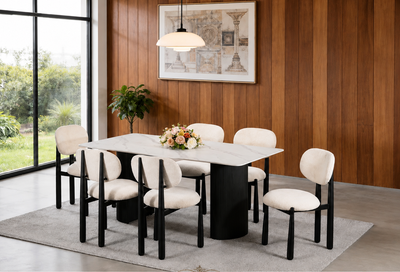 Modern Marble Top Dining Table Set w/ Black Metal Base & Bouclé, View more