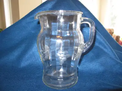VINTAGE PRESSED GLASS PITCHER etched with grapes, View more