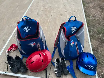Baseball bags with helmets, shoes, belt x 2, View more