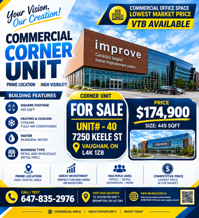 Commercial Corner Unit For Sale – 40, 7250 Keele Street, Vaughan (Concord) Price: $174,900 445 SQFT...