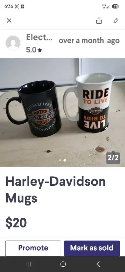 Two Harley-Davidson Mugs. Never used. The white one is a double-sided mug. No chips or cracks.$10 ea...