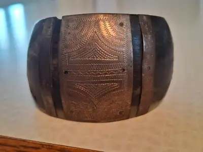 Antique Indigenous Buffalo Horn and Silver Carved Cuff Bracelet, View more