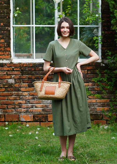 Olive Green Linen Midi Dress with Pockets , View more