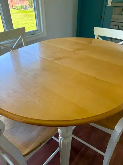 Dining table and 6 chairs.  2 inserts.   5ft round, View more