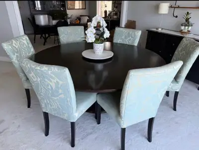 Crate and Barrel round pedestal table with 8 upholstered chairs , View more
