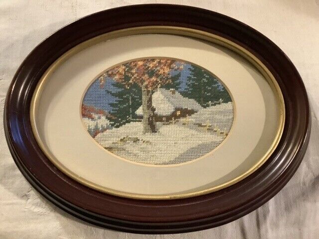 Vintage Cross Stitch of a Winter Country Scene Oval Wood Frame in Arts & Collectibles in Belleville - Image 2