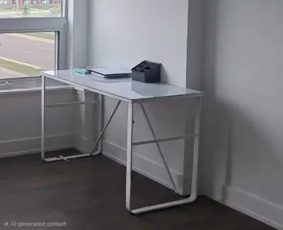 White glass top computer desk and ikea chair, View more