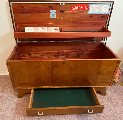 Lane Cedar chest with Interior top shelf and lower drawer. Full size, approximate dimensions 3 ½’ W...