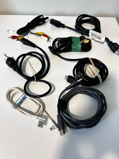 Lot of 7 Assorted Electronic Cables – Power, Audio/Video, USB, C, View more