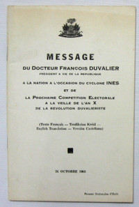 MESSAGE de FRANCOIS DUVALIER POUR  LE DIXIEME ANNIVERSAIRE  1966