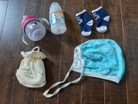 baby bottles, cover and hat
