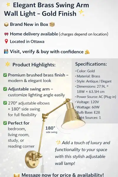  Brass Plug-in Wall Sconce Dimmable Swing Arm Wall Light, Gold, View more