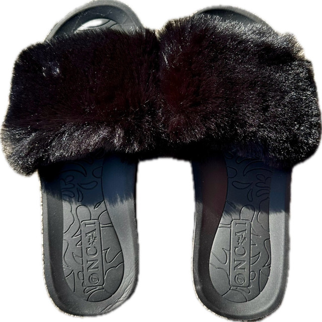 NEW Fuzzy Faux Fur Black Slides / Sandals in Women's - Shoes in St. Catharines