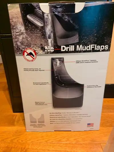 Weather Tech, no drill mud flaps for a Ford F150, no wheel lip moulding. Still in the box