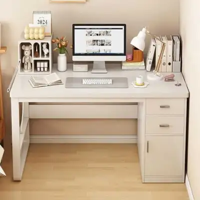 Modern White Computer Desk with Side Cabinet and Drawers, View more