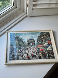 Vintage Bamboo Wood Framed Picture of Paris. Art