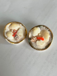 Vintage MCM Ceramic and Seashell Clip on Earrings