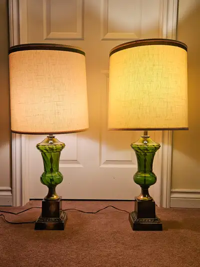 PAIR OF LARGE MCM ITALIAN HONI CHILO BRASS & GREEN GLASS LAMPS, View more