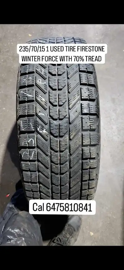 This is a used Firestone Winter Force tire, sized at 235/70/15, with approximately 70% tread remaini...