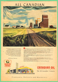 Large 1957 magazine ad for White Rose Gasoline