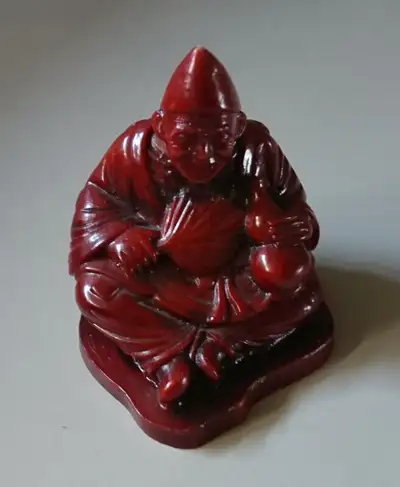 Vintage Red Resin Chinese Feng Shui Old Man Figurine - 2 1/2 inches tall x 2 1/4 inches depth x 2 in...