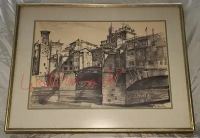 VINTAGE ARTWORK OF PONTE VECCHIO BRIDGE, ITALY, c1930's, View more