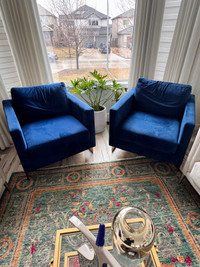 Two Velvet blue accent chairs with gold legs