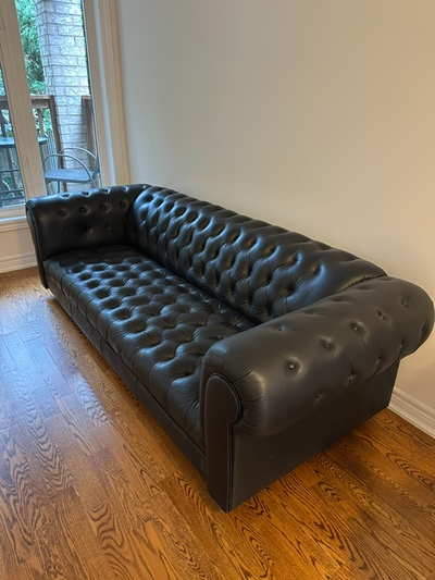 Leather Sofa & Loveseat: Black Tufted Leather, Excellent cond, View more