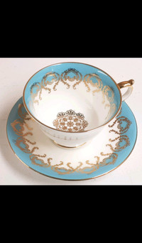 Ansley Cup and Saucer with Turquoise, Gold Trim and Accents