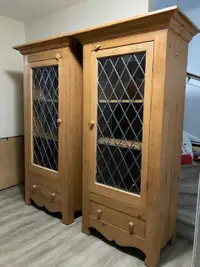 2 Pine Hutches with Antique Glass Panels