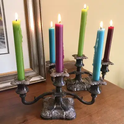 Pair of Vintage Silver Plate Candelabras 3 Light, View more