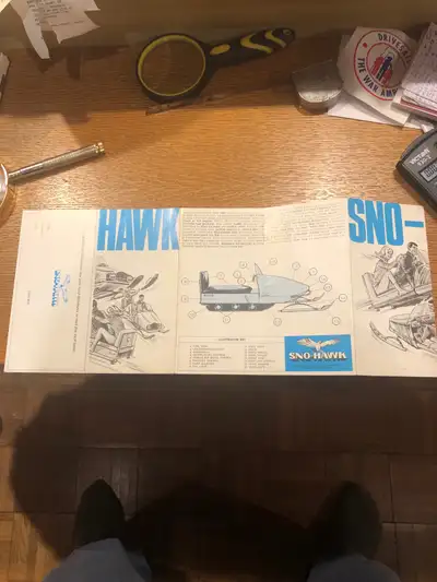 Rare Sno Hawk brochure mailer —with specs—-17 x 7”—-‘folds 5 times-/ 35.00 obo. Mike at 780-812-1306...