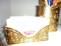 Ornate Gold Crystal Bejeweled Desk Top Pen & Card Holder Set