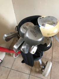 Golf clubs with bag and cart