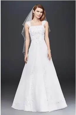 White A line Chiffon Split Front Overlay Wedding Dress from David's Bridal. Beautiful detail and tra...